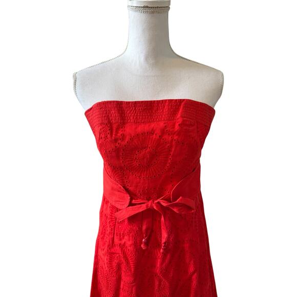 Plenty Tracy Reese Eyelet Strapless Dress Obi Belt Tomato Red 6 - Picture 2 of 7